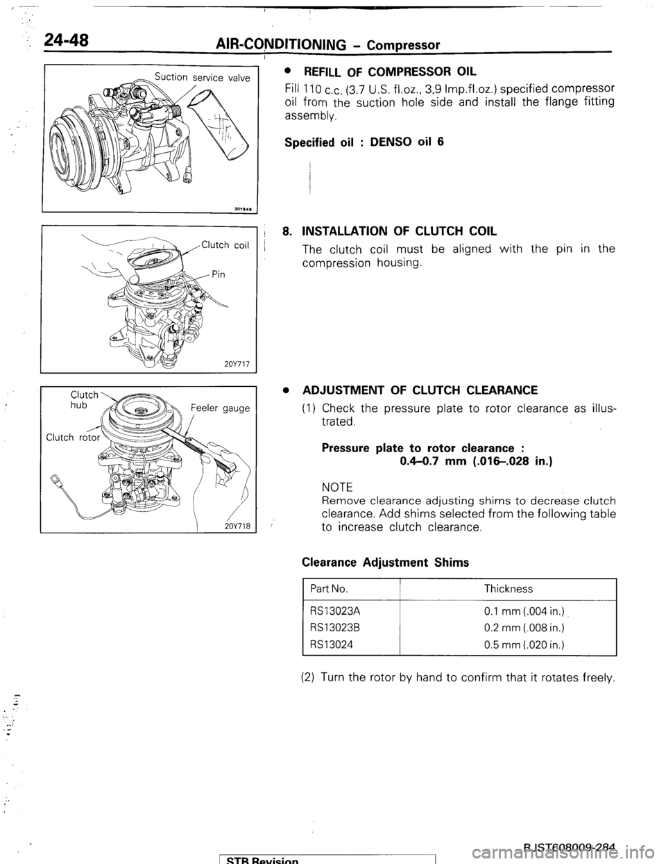 MITSUBISHI MONTERO 1987 1.G Workshop Manual ,: 24-48 AIR-CQNDITIONING - Compressor 
I 
2OY717 
1 iOY718 l 
REFILL OF COMPRESSOR OIL 
Fill 110 cc. (3.7 U.S. fl.oz., 3.9 Imp.fl;oz.) specified compressor 
oil from the suction hole side and install