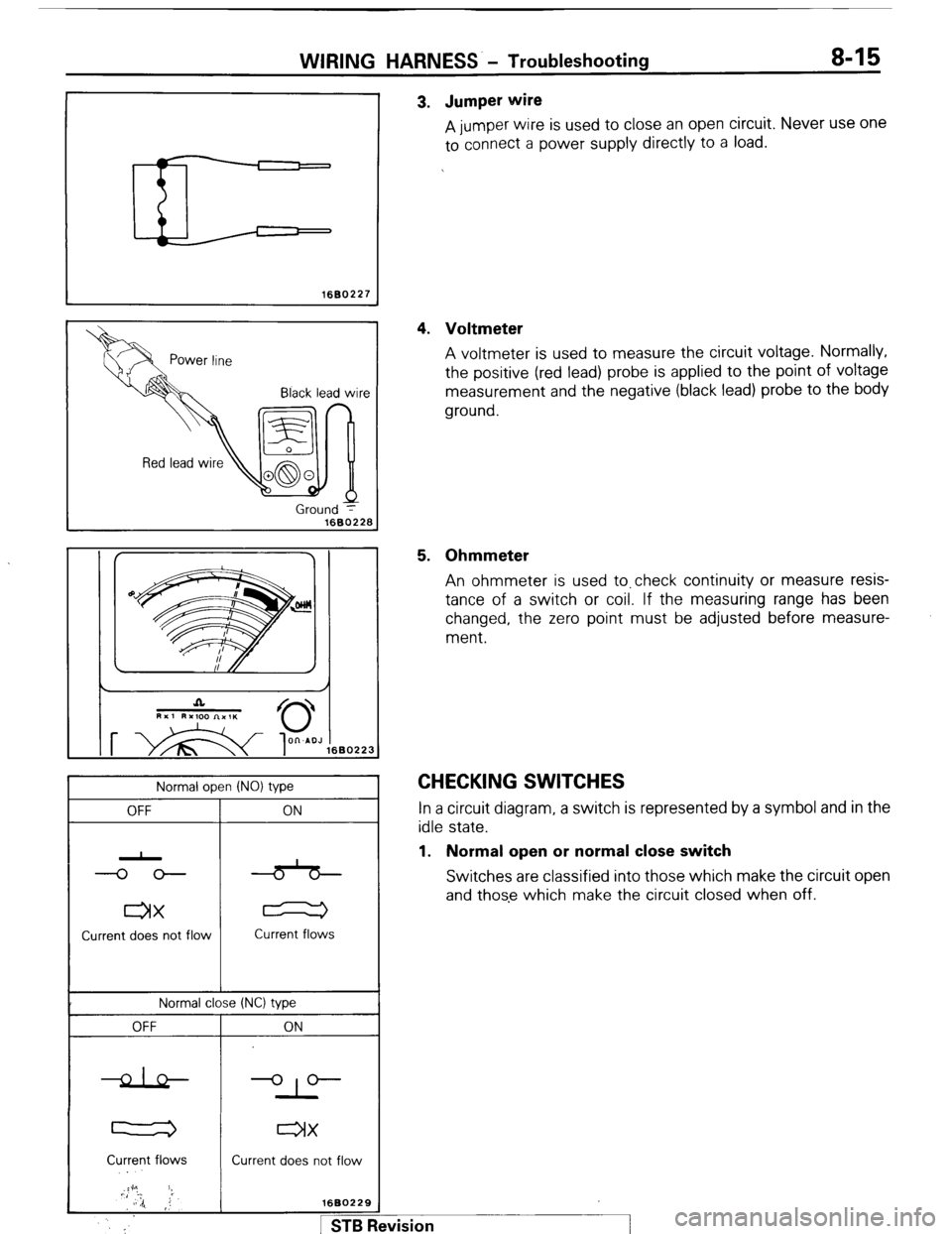 MITSUBISHI MONTERO 1987 1.G Workshop Manual WIRING HARNESS - Troubleshooting 8-15 
1660227 
Black lead wire 
Ground y 
1680228 
Normal open (NO) type 
OFF 
ax 
Current does not flow ON 
Current flows 
Normal close (NC) type 
OFF 
l-2 
Current f