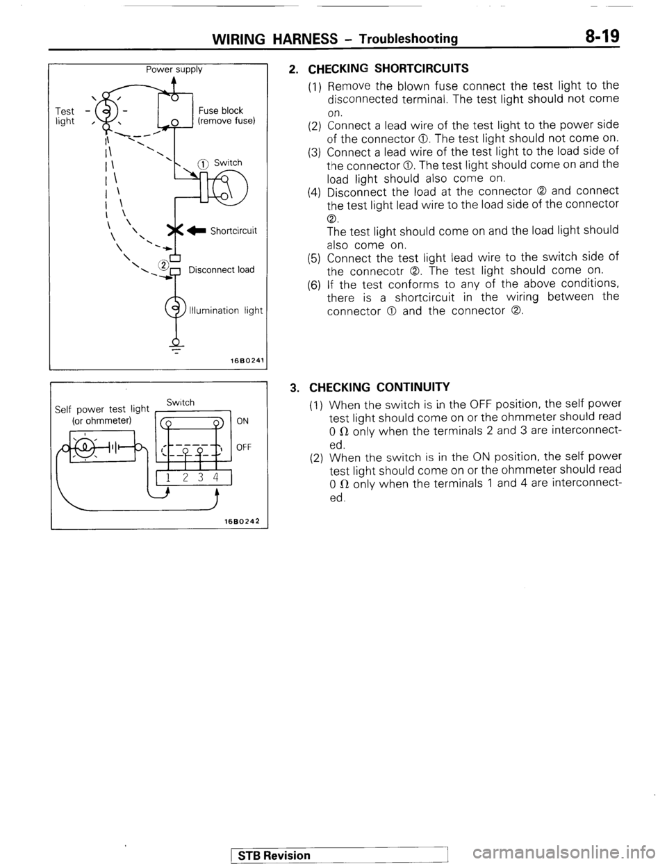 MITSUBISHI MONTERO 1987 1.G Owners Guide WIRING HARNESS - Troubleshooting 8-19
Test
light Power supply
Fuse block
(remove fuse)
r’TJ Switch
?
Illumination light
4, 1680241
Self power test light Switch
ON
OFF
1680242
2. CHECK MITSUBISHI MONTERO 1987 1.G Owners Guide WIRING HARNESS - Troubleshooting 8-19
Test
light Power supply
Fuse block
(remove fuse)
r’TJ Switch
?
Illumination light
4, 1680241
Self power test light Switch
ON
OFF
1680242
2. CHECK