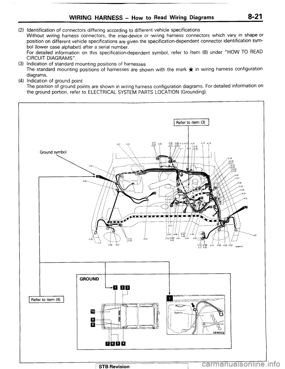 MITSUBISHI MONTERO 1987 1.G Workshop Manual WIRING HARNESS - HOW to Read Wiring Diagrams 8-21 
(2) Identification of connectors differing according to different vehicle specifications 
Without wiring harness connectors, the inter-device or -wir