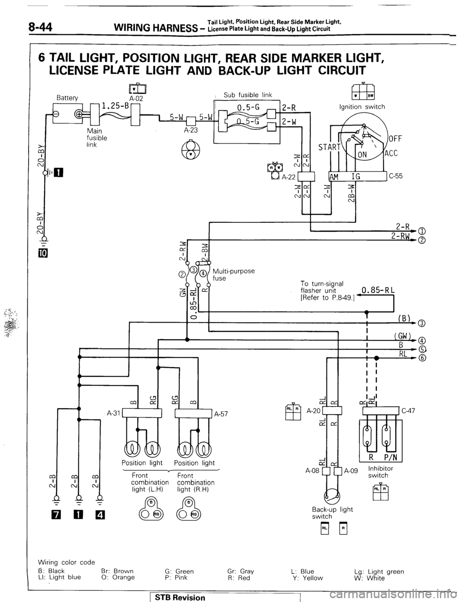 MITSUBISHI MONTERO 1987 1.G Workshop Manual 8-44 WIRING HARNESS Tail Light. Position Light, Rear Side Marker Light, 
License Plate Light and Back-Up Light Circuit 
6 TAIL LIGHT, POSITION LIGHT, REAR SIDE MARKER LIGHT, 
LICENSE PLATE LIGHT AND B