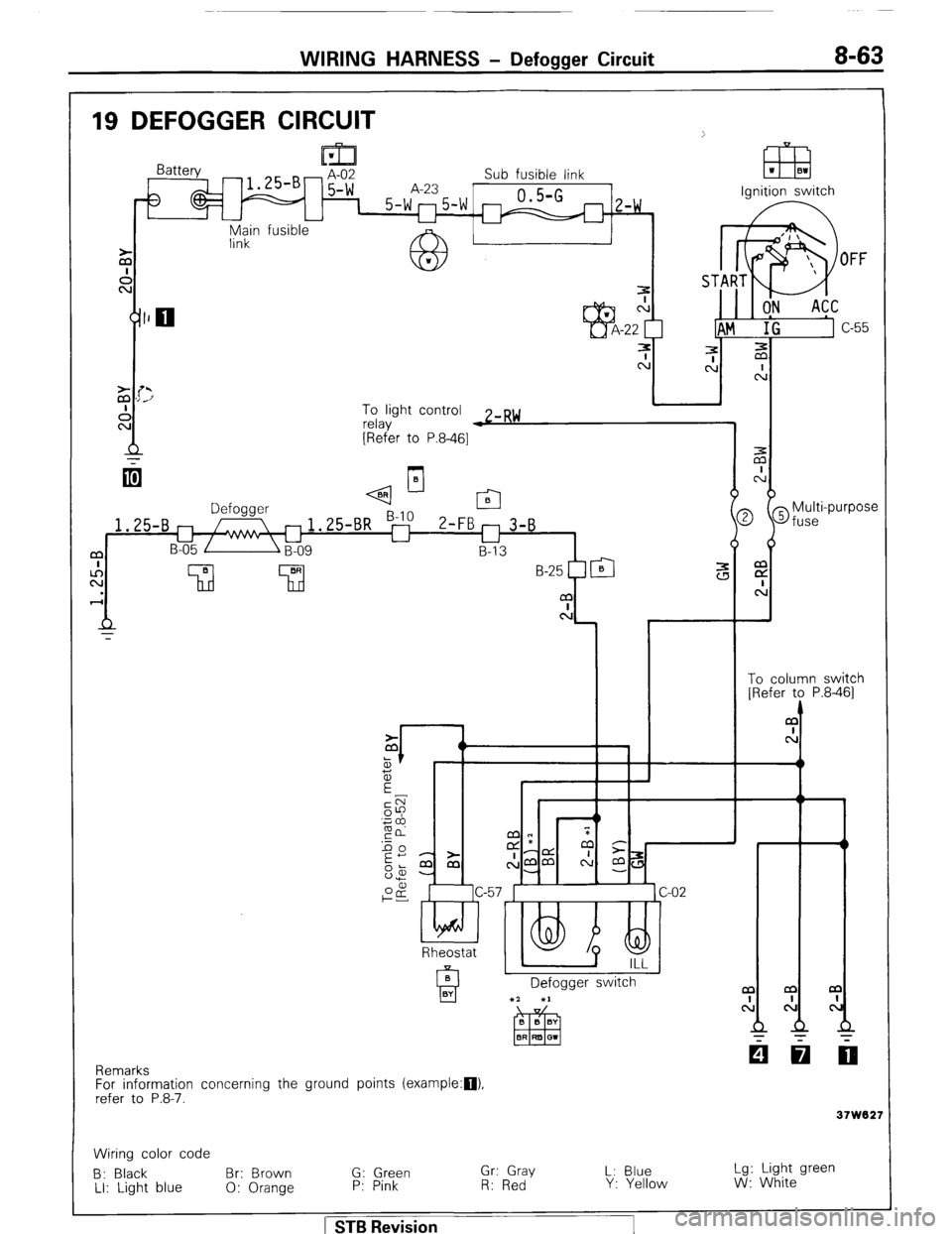 MITSUBISHI MONTERO 1987 1.G Manual Online WIRING HARNESS - Defogger Circuit 8-63 
19 DEFOGGER CIRCUIT 
Sub fusible link 
A-23 
0.5-G 
5-wn5-w I 
U z-w , 
ynlin fusible 
1 
z 
I 
l% 
7 
(#IO N 
-22 
EEH I ml 
Ignition switch 
A 
To light contr