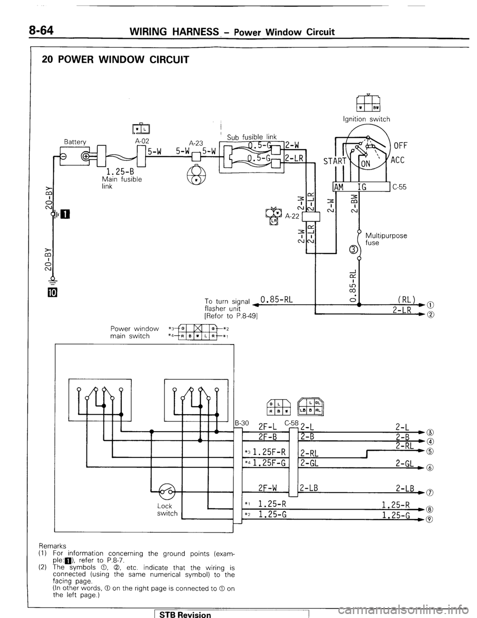 MITSUBISHI MONTERO 1987 1.G Manual Online 8-64 WIRING HARNESS, - Power Window Circuit 
20 POWER WINDOW CIRCUIT 
- . . 
II 
I 
1 
1.25-B 
Main fusible 
link 
EEH w 81 
Ignition switch 
[Refor to P.8-491 
, I- (RL) 
2-LR bg 
Power window 
main 