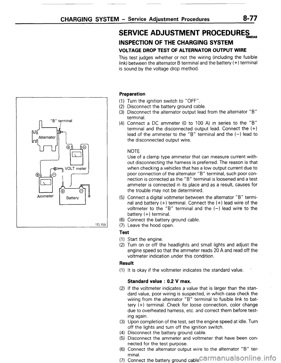 MITSUBISHI MONTERO 1987 1.G Workshop Manual CHARGING SYSTEM - Service Adjustment Procedures 8-77 
SERVICE ADJUSTMENT PROCEDUREswmAB 
lEL15I 
INSPECTION OF THE CHARGING SYSTEM 
VOLTAGE DROP TEST OF ALTERNATOR OUTPUT WIRE 
This test judges whethe