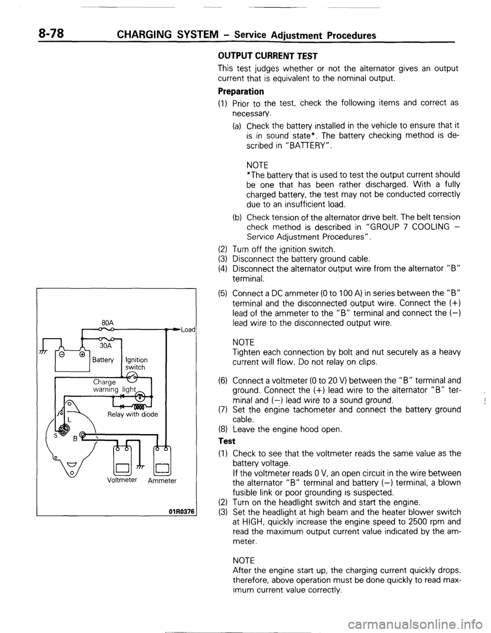 MITSUBISHI MONTERO 1987 1.G Workshop Manual 8-78 CHARGING SYSTEM - Service Adiustment Procedures 
80A 
n 
Relay with diode 
Voltmeter 
Ammeter Iad 
176 
OUTPUT CURRENT TEST 
This test judges whether or not the alternator gives an output 
curren