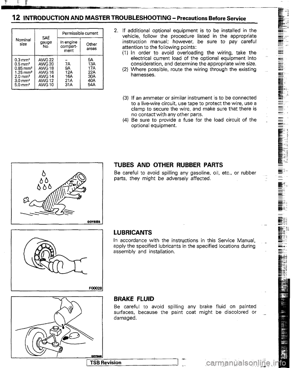 MITSUBISHI MONTERO 1989 1.G User Guide 12 INTRODUCTION AND MASTER TROUBLESHOOTING - Precautions Before Service
Nominal
size
0.3 mm2
0.5 mm2
0.85 mm*
1.25 mm2
2.0 mm*
3.0 mm2
5.0 mm2 Permissible current
SAE
I
Other
areas
2. If MITSUBISHI MONTERO 1989 1.G User Guide 12 INTRODUCTION AND MASTER TROUBLESHOOTING - Precautions Before Service
Nominal
size
0.3 mm2
0.5 mm2
0.85 mm*
1.25 mm2
2.0 mm*
3.0 mm2
5.0 mm2 Permissible current
SAE
I
Other
areas
2. If