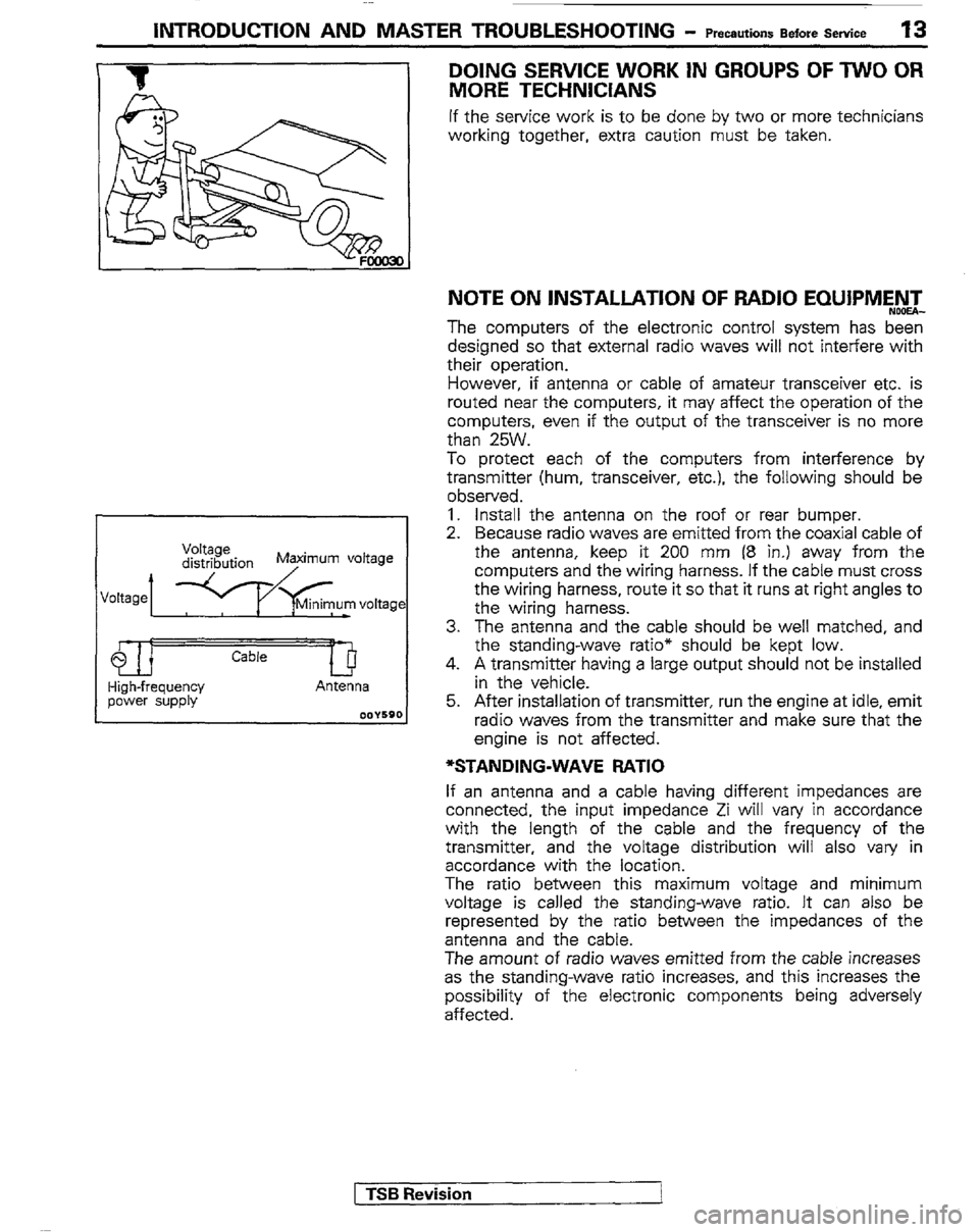 MITSUBISHI MONTERO 1989 1.G User Guide INTRODUCTION AND MASTER TROUBLESHOOTING - t+mwtions Before Service ‘I3
DOING SERVICE WORK IN GROUPS OF TWO OR
MORE TECHNICIANS
If the service work is to be done by two or more technicians
workin MITSUBISHI MONTERO 1989 1.G User Guide INTRODUCTION AND MASTER TROUBLESHOOTING - t+mwtions Before Service ‘I3
DOING SERVICE WORK IN GROUPS OF TWO OR
MORE TECHNICIANS
If the service work is to be done by two or more technicians
workin