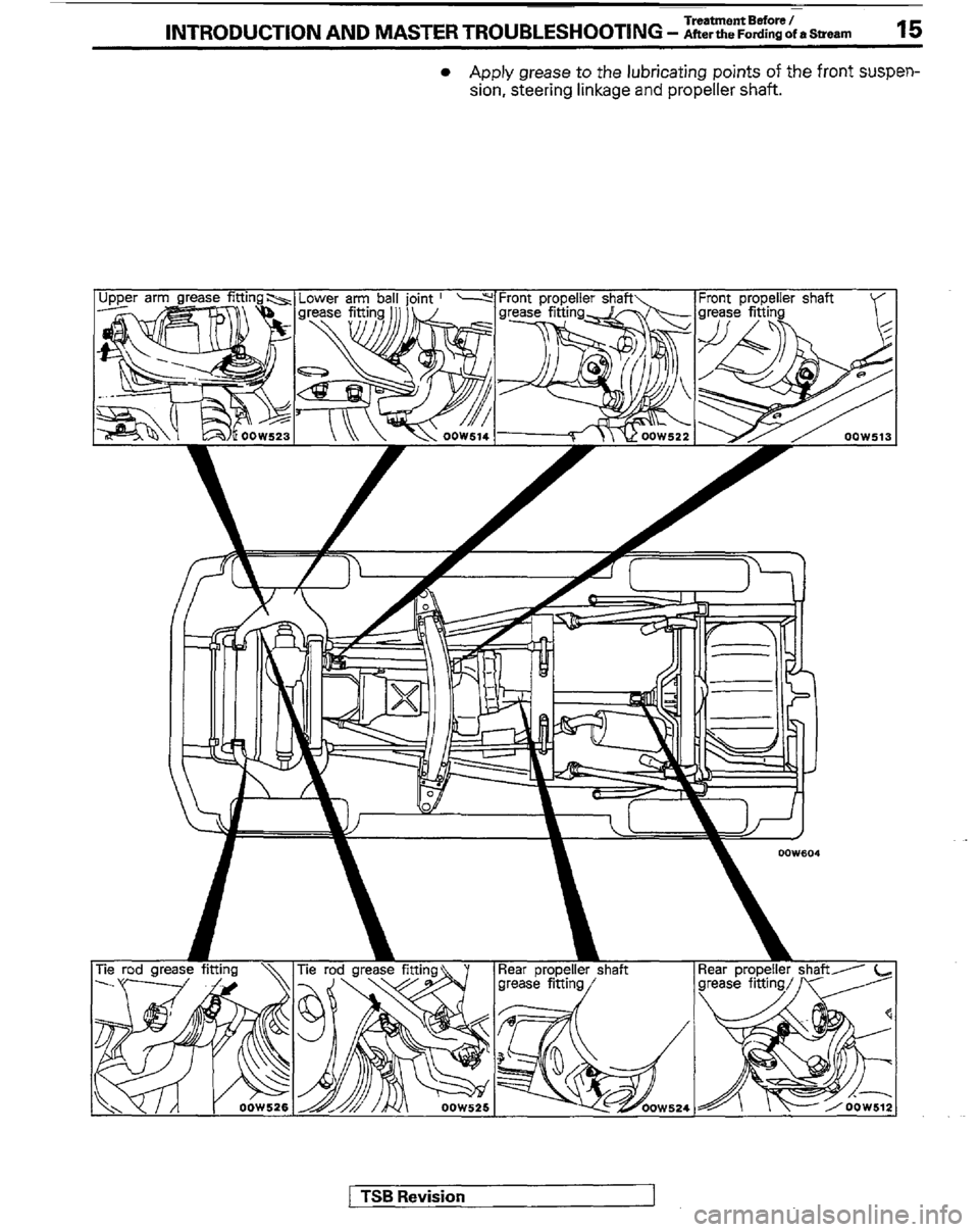 MITSUBISHI MONTERO 1989 1.G User Guide Treatment Before / INTRODUCTION AND MASTER TROUBLESHOOTING - AftertheFordingofaStream I5 
l Apply grease to the lubricating points of the front suspen- 
sion, steering linkage and propeller shaft. 
TS