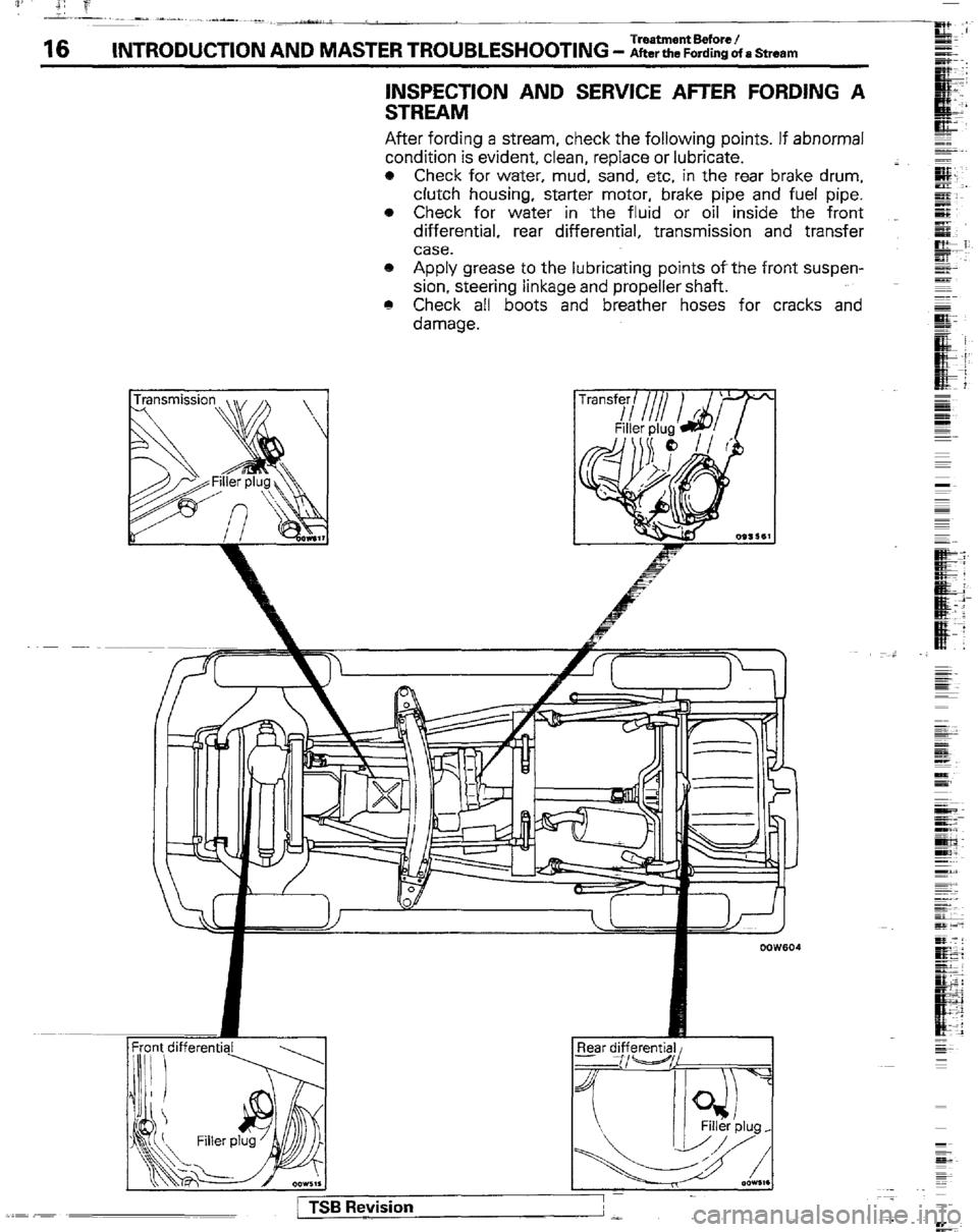 MITSUBISHI MONTERO 1989 1.G User Guide 16 Treatment Before I INTRODUCTION AND MASTERTROUBLESHOOTING - AftertheFordingofaStream
INSPECTION AND SERVICE AFTER FORDING A
STREAM
After fording a stream, check the following points. If abnormal MITSUBISHI MONTERO 1989 1.G User Guide 16 Treatment Before I INTRODUCTION AND MASTERTROUBLESHOOTING - AftertheFordingofaStream
INSPECTION AND SERVICE AFTER FORDING A
STREAM
After fording a stream, check the following points. If abnormal