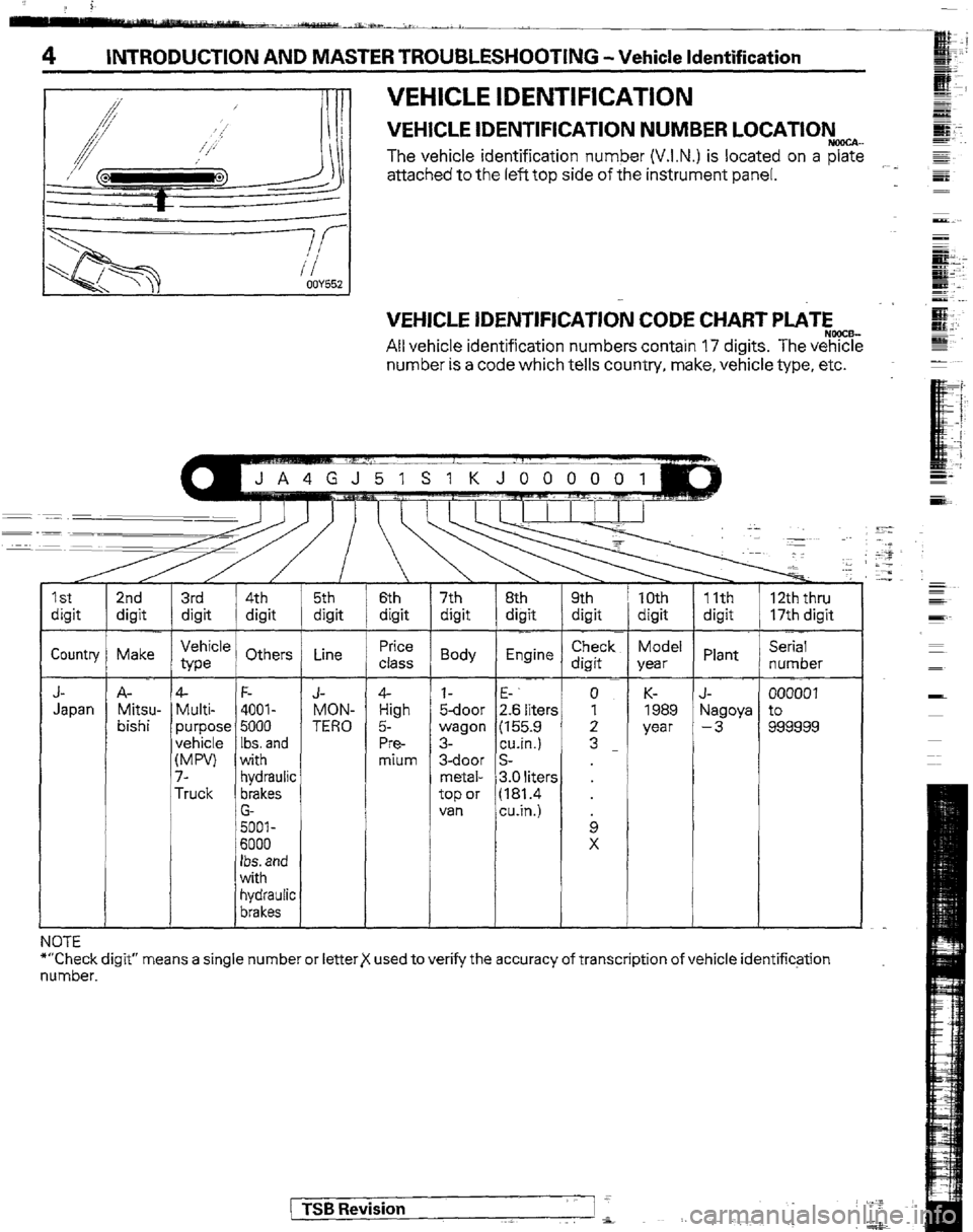 MITSUBISHI MONTERO 1989 1.G Workshop Manual ,, i
- ./a .*, ,., L
4 INTRODUCTION AND MASTER TROUBLESHOOTING -Vehicle Identification
VEHICLE IDENTIFICATION
VEHICLE IDENTIFICATION NUMBER LOCATIONm..
The vehicle identification number (V.I.N.) MITSUBISHI MONTERO 1989 1.G Workshop Manual ,, i
- ./a .*, ,., L
4 INTRODUCTION AND MASTER TROUBLESHOOTING -Vehicle Identification
VEHICLE IDENTIFICATION
VEHICLE IDENTIFICATION NUMBER LOCATIONm..
The vehicle identification number (V.I.N.)