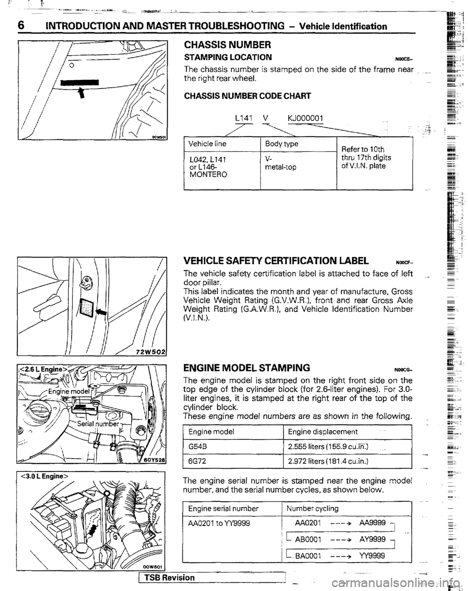 MITSUBISHI MONTERO 1989 1.G Workshop Manual 6 INTRODUCTION AND MASTER TROUBLESHOOTING - Vehicle Identification 
~3.0 L Engine> 
CHASSIS NUMBER 
STAMPING LOCATION 
NOOCE- 
The chassis number is stamped on the side of the frame near ._ 
the right