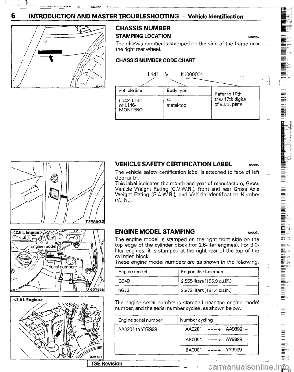 MITSUBISHI MONTERO 1989 1.G Workshop Manual 6 INTRODUCTION AND MASTER TROUBLESHOOTING - Vehicle Identification
~3.0 L Engine>
CHASSIS NUMBER
STAMPING LOCATION
NOOCE-
The chassis number is stamped on the side of the frame near ._
the right MITSUBISHI MONTERO 1989 1.G Workshop Manual 6 INTRODUCTION AND MASTER TROUBLESHOOTING - Vehicle Identification
~3.0 L Engine>
CHASSIS NUMBER
STAMPING LOCATION
NOOCE-
The chassis number is stamped on the side of the frame near ._
the right