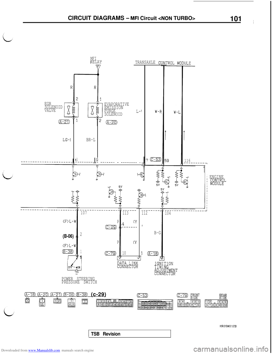 MITSUBISHI 3000GT 1995 2.G Workshop Manual Downloaded from www.Manualslib.com manuals search engine CIRCUIT DIAGRAMS - MFI Circuit <NON TURBO>
101 ~
MFIRELAY
TRANSAXLE
EGR
SOLENOID
VALVEEVAPORATIVE
EMISSIONPURGE
SOLENOIDL-1W-I;
LG-IBR-L
j.----