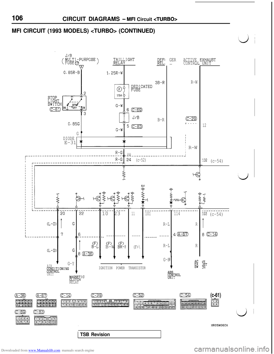 MITSUBISHI 3000GT 1992 2.G Owners Manual Downloaded from www.Manualslib.com manuals search engine CIRCUIT DIAGRAMS - MFI Circuit <TURBO>
MFI CIRCUIT (1993 MODELS) <TURBO> (CONTINUED)
GERACTIVE
CONTRO--
R-W
:I#“’LEi
\
3B-R
Ed""""
0.85G
G