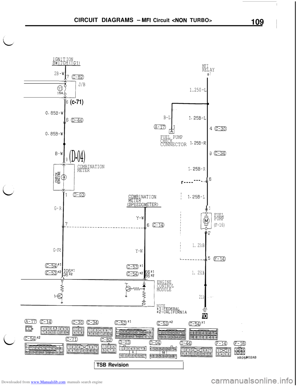 MITSUBISHI 3000GT 1993 2.G User Guide Downloaded from www.Manualslib.com manuals search engine CIRCUIT DIAGRAMS - MFI Circuit <NON TURBO>
109 ~
IGPSW1-
2B
“#
-W
13SA
-W
-W
I
-W
;
i
IONH(IG1)
I
MFIRELD
-L
--o
-L
.R
,
R
-,:f
L
AY7
40
Ll(c