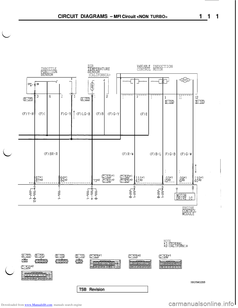 MITSUBISHI 3000GT 1993 2.G Workshop Manual Downloaded from www.Manualslib.com manuals search engine CIRCUIT DIAGRAMS - MFI Circuit <NON TURBO>
111
VARiABLE INDUCTIONCONTROL MOTOR THROTTLEEGRW3I;;ON&E#g;&ATURE
(CALIFORNIA>IIr-a@-
-----__11
(F)G