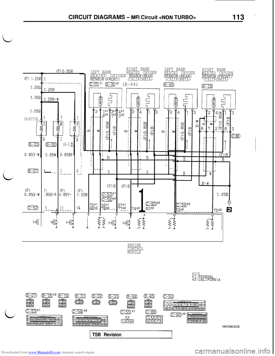 MITSUBISHI 3000GT 1992 2.G Service Manual Downloaded from www.Manualslib.com manuals search engine CIRCUIT DIAGRAMS - MFI Circuit <NON TURBO>
113 i
LEFT BANKRIGHT BANK
HEATED OXYGENLEFT BANKHEATED OXYGEN SENSORCREAR)HEATED OXYGEN
SENSOR(FRONT