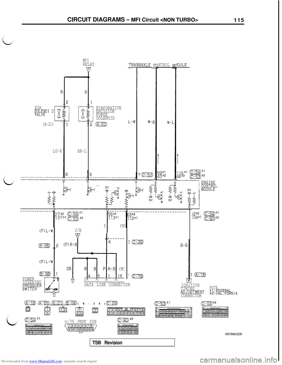 MITSUBISHI 3000GT 1993 2.G Workshop Manual Downloaded from www.Manualslib.com manuals search engine CIRCUIT DIAGRAMS - MFI Circuit <NON TURBO>
115
MFIRELAYTl?ANl
1
SAXLE
W-
NTROLIDULE
F
EGR
%&ENol D
It(A-21)
LG-RBR-L
EVAPORATIVE
EMISSION
PURGE