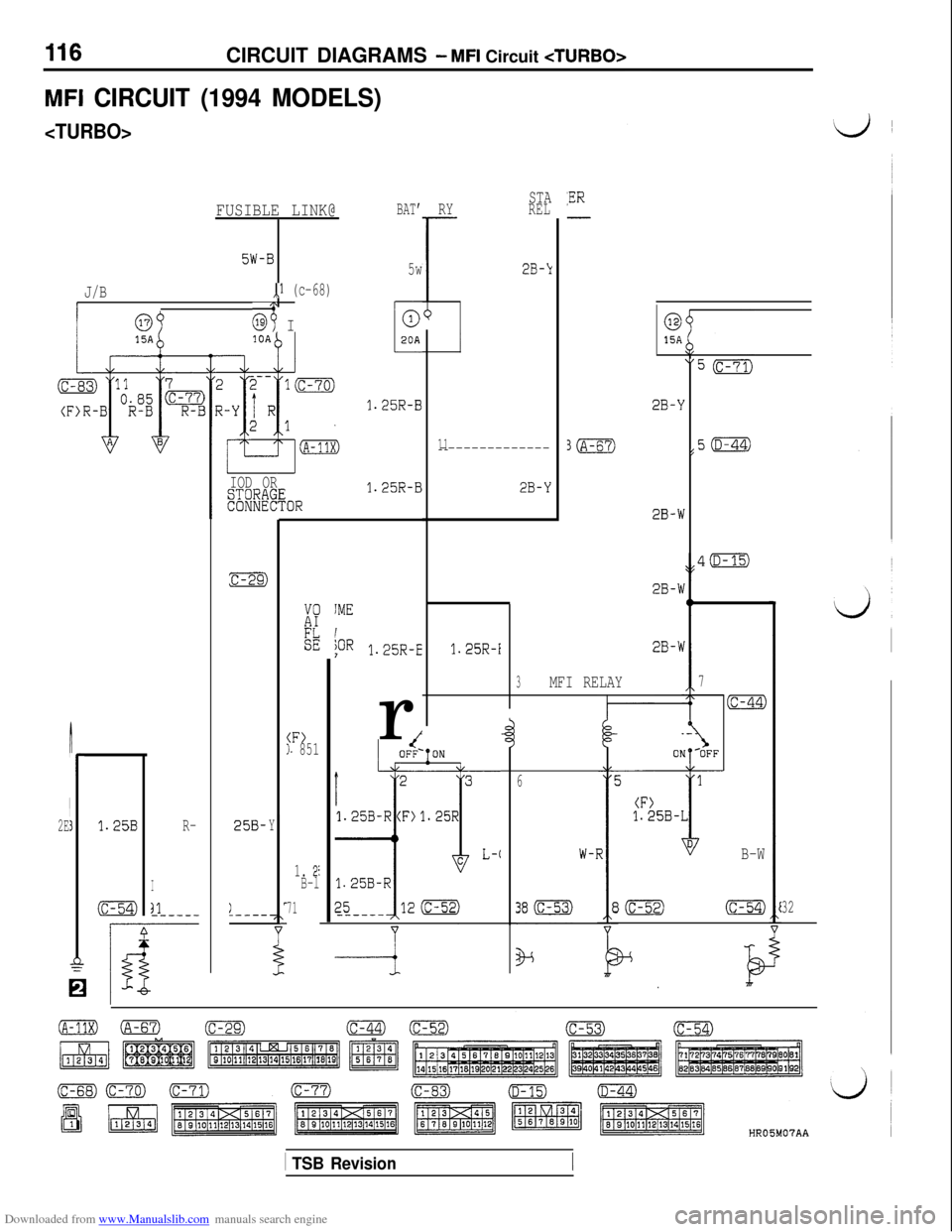 MITSUBISHI 3000GT 1992 2.G Workshop Manual Downloaded from www.Manualslib.com manuals search engine CIRCUIT DIAGRAMS - MFI Circuit <TURBO>
MFI CIRCUIT (1994 MODELS)
<TURBO>
FUSIBLE LINK@BAT’
5W-B5w
J/B,,l (c-68)
I
637 Ir0
STA
RYREL-
2B-k
:ER
