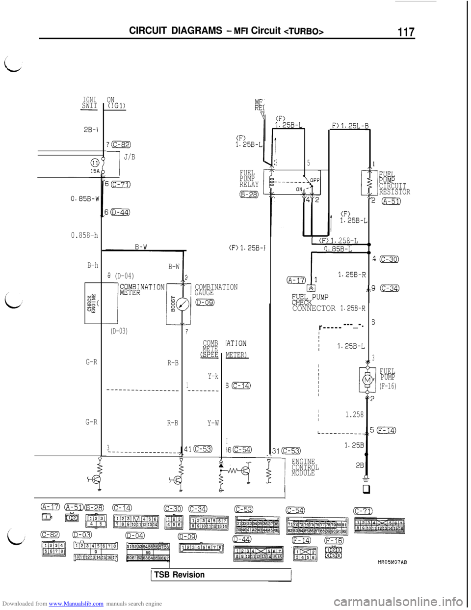 MITSUBISHI 3000GT 1992 2.G Workshop Manual Downloaded from www.Manualslib.com manuals search engine CIRCUIT DIAGRAMS - MFI Circuit <TURBO>117
IGNISWIT
2B-I
0.858-h
B-h
G-R
G-R
ON(IGl)
I
J/B
B-W
19 (D-04)
(D-03)
R-B
__-__-__-___-_--__
R-B
3_-_-