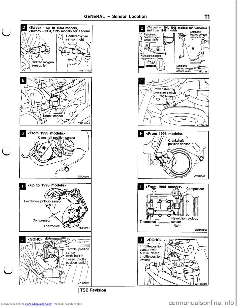 MITSUBISHI 3000GT 1992 2.G Workshop Manual Downloaded from www.Manualslib.com manuals search engine GENERAL - Sensor Location
o> - 1994,1995 models for Federal
<From 1993 models>
CUD to1993models>
r- m0.: \I0
wRevolution pick-up sens’or\u
/c