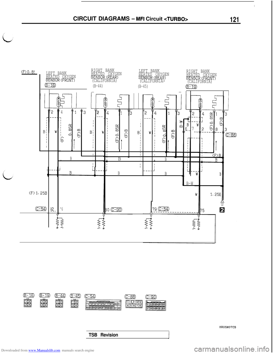 MITSUBISHI 3000GT 1992 2.G Service Manual Downloaded from www.Manualslib.com manuals search engine CIRCUIT DIAGRAMS - MFI Circuit <TURBO>121
(Fj0.8:LEFT BANK
HEATED OXYGEN
SENSOR(FRONT)
(8-
t
rI/IIIBIIIIII/
<F)1.25B
RIGHT BANK
HEATED OXYGENLE