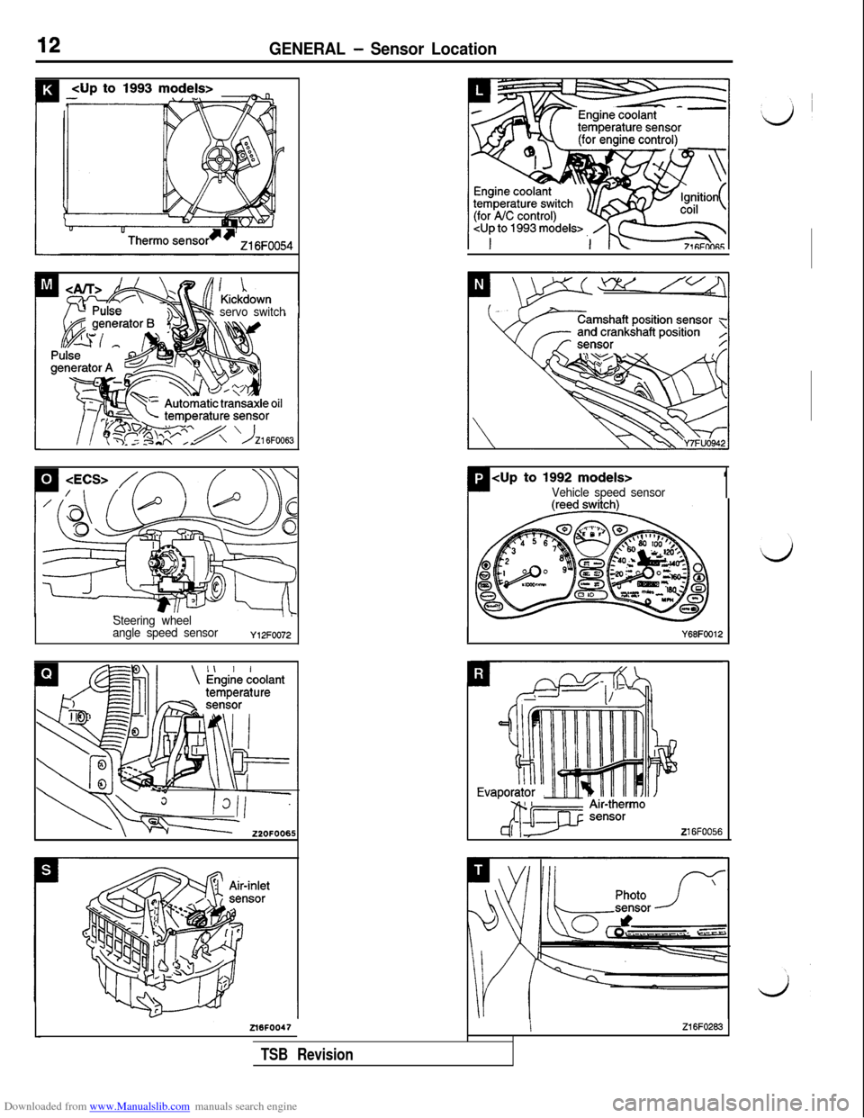 MITSUBISHI 3000GT 1993 2.G User Guide Downloaded from www.Manualslib.com manuals search engine 12GENERAL - Sensor Location
<Up to1993models>
I
> servo switch
LII f$3&FZX ‘AI 6F0063
Steering wheel
angle speed sensorY12FOO72
<Up to 1992 m