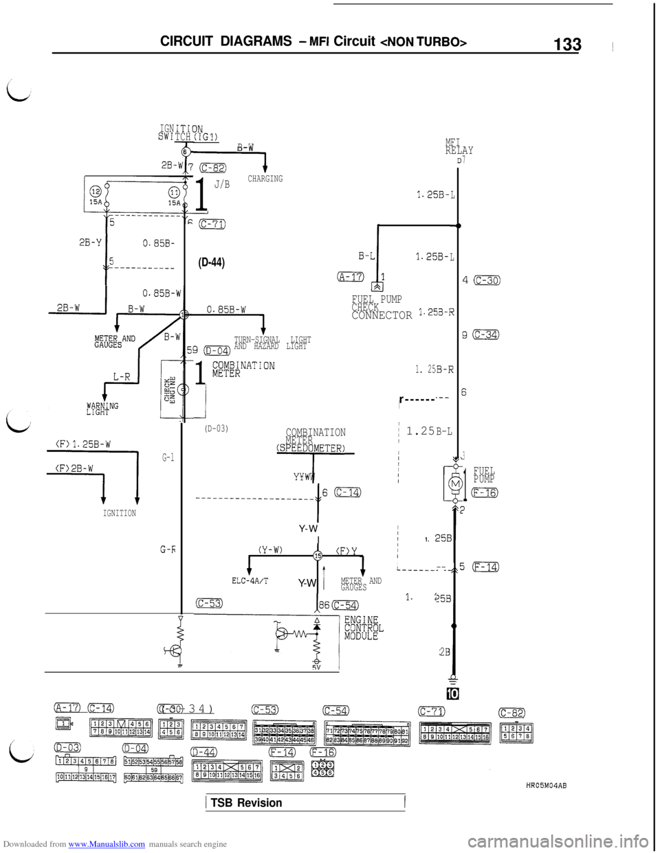 MITSUBISHI 3000GT 1995 2.G Owners Guide Downloaded from www.Manualslib.com manuals search engine CIRCUIT DIAGRAMS - MFI Circuit <NON TURBO>133 ~
IGNSW1
28.
ITI1TCH
a:6
WI
2B-Y(
5
t
(D-44)1.25B-L--------___
(D-03)ICOMBINATION
METER/ 1.25B-L
