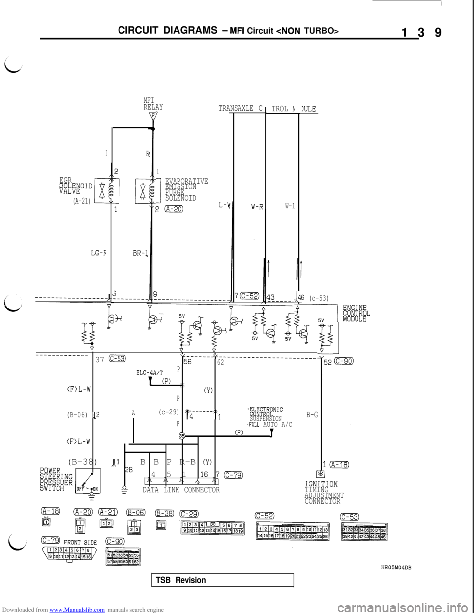 MITSUBISHI 3000GT 1992 2.G Manual PDF Downloaded from www.Manualslib.com manuals search engine CIRCUIT DIAGRAMS - MFI Circuit <NON TURBO>
139
I
EGR$i@O"
(A-21)
LG-F
id
MFIRELAY
F
BR-1
H
TRANSAXLE C7
1
I
EVAPORATIVE
EMISSION
PURGESOLENOID