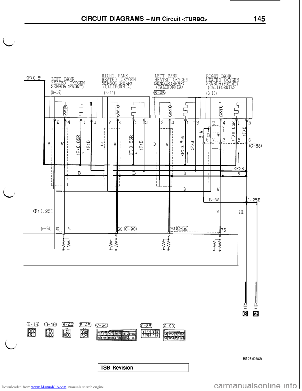 MITSUBISHI 3000GT 1992 2.G Service Manual Downloaded from www.Manualslib.com manuals search engine CIRCUIT DIAGRAMS - MFI Circuit <TURBO>145
LEFT BANKRIGHT BANK
HEATED OXYGENHEATED OXYGEN
SENSOR(FRONT)SENSORCREAR)(CALIFORNIA)
(B-16)
(B-44)
r-