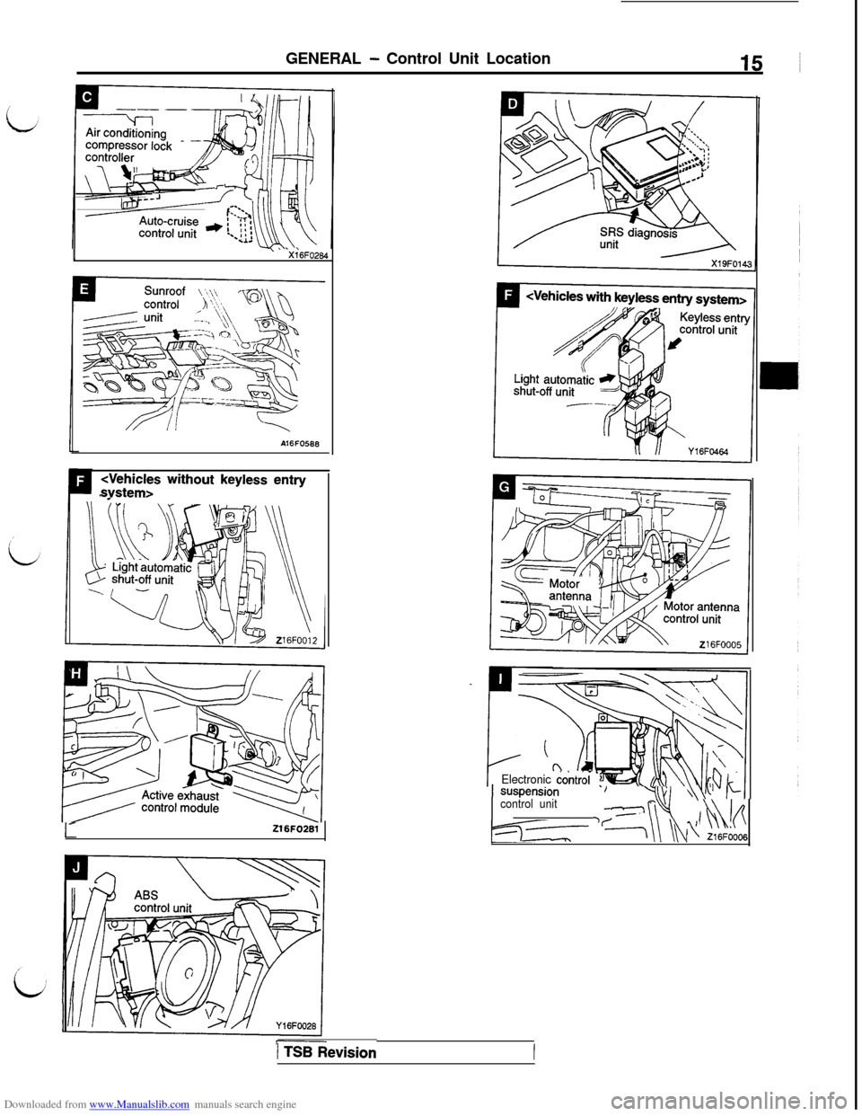 MITSUBISHI 3000GT 1994 2.G User Guide Downloaded from www.Manualslib.com manuals search engine GENERAL - Control Unit Location
I’ ~ ‘X1‘6FOPtM
A16FO568
<Vehicles without keyless entrysvstem>I’
Z16FO281
Electronic d&trbl1 suspensio