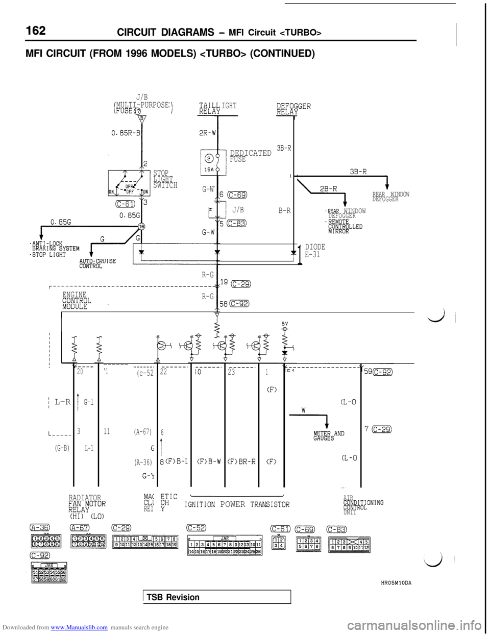MITSUBISHI 3000GT 1992 2.G Workshop Manual Downloaded from www.Manualslib.com manuals search engine CIRCUIT DIAGRAMS - MFI Circuit <TURBO>
MFI CIRCUIT (FROM 1996 MODELS) <TURBO> (CONTINUED)
J/B
(MULTI-PURPOSEFUSE@IGHT/GER
I3B-R
2B-R
\
REAR WIN