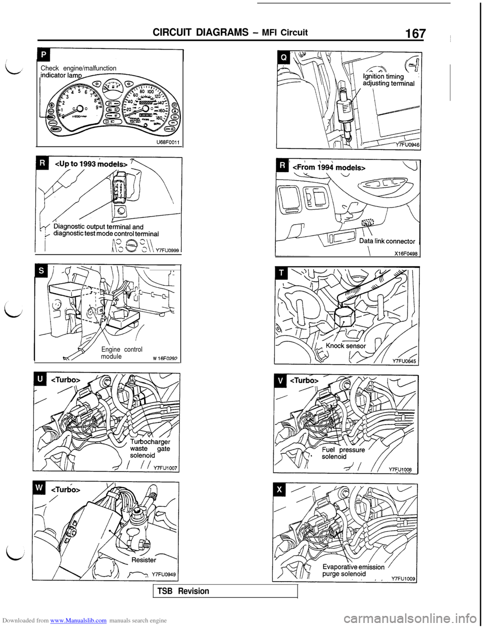 MITSUBISHI 3000GT 1993 2.G User Guide Downloaded from www.Manualslib.com manuals search engine CIRCUIT DIAGRAMS - MFI Circuit167 ~
Check engine/malfunction
Lki @ %\\ Y7FUO999 1
\l-T-T-. .
Engine control
moduleW 
16FO297
Xl 6FO498
TSB Revi