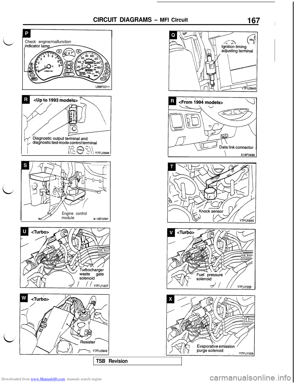 MITSUBISHI 3000GT 1992 2.G Workshop Manual Downloaded from www.Manualslib.com manuals search engine CIRCUIT DIAGRAMS - MFI Circuit167 ~
Check engine/malfunction
Lki @ %\\ Y7FUO999 1
\l-T-T-. .
Engine control
moduleW 
16FO297
Xl 6FO498
TSB Revi