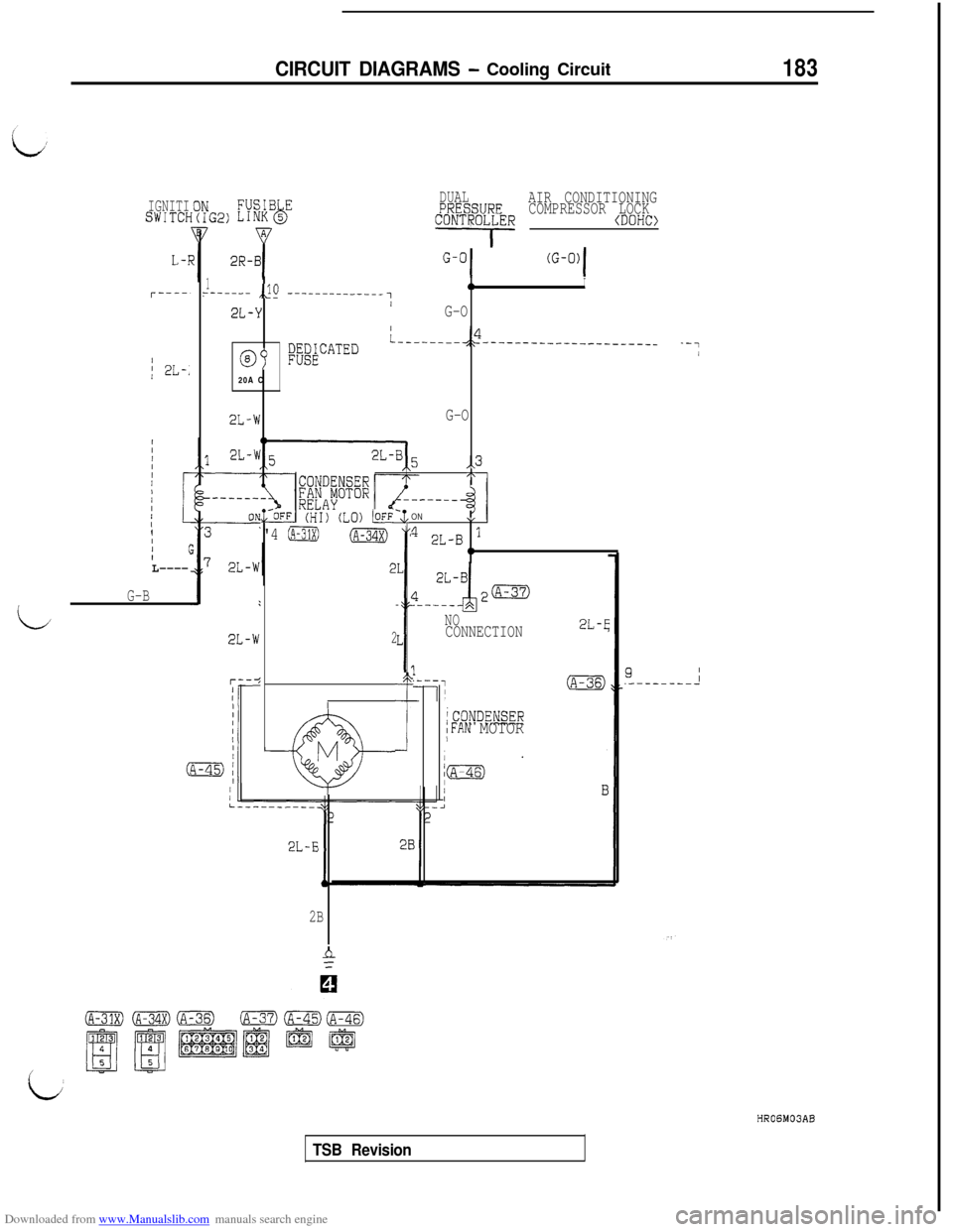 MITSUBISHI 3000GT 1993 2.G Workshop Manual Downloaded from www.Manualslib.com manuals search engine CIRCUIT DIAGRAMS - Cooling Circuit183
IGNITISWITCf-
I; 2L-;
III(IL----
G-B
L
DUALg$FF%;;REAIR CONDITIONING
COMPRESSOR LOCK
CONTROL,LER (DOHC>,
MITSUBISHI 3000GT 1993 2.G Workshop Manual Downloaded from www.Manualslib.com manuals search engine CIRCUIT DIAGRAMS - Cooling Circuit183
IGNITISWITCf-
I; 2L-;
III(IL----
G-B
L
DUALg$FF%;;REAIR CONDITIONING
COMPRESSOR LOCK
CONTROL,LER (DOHC>,