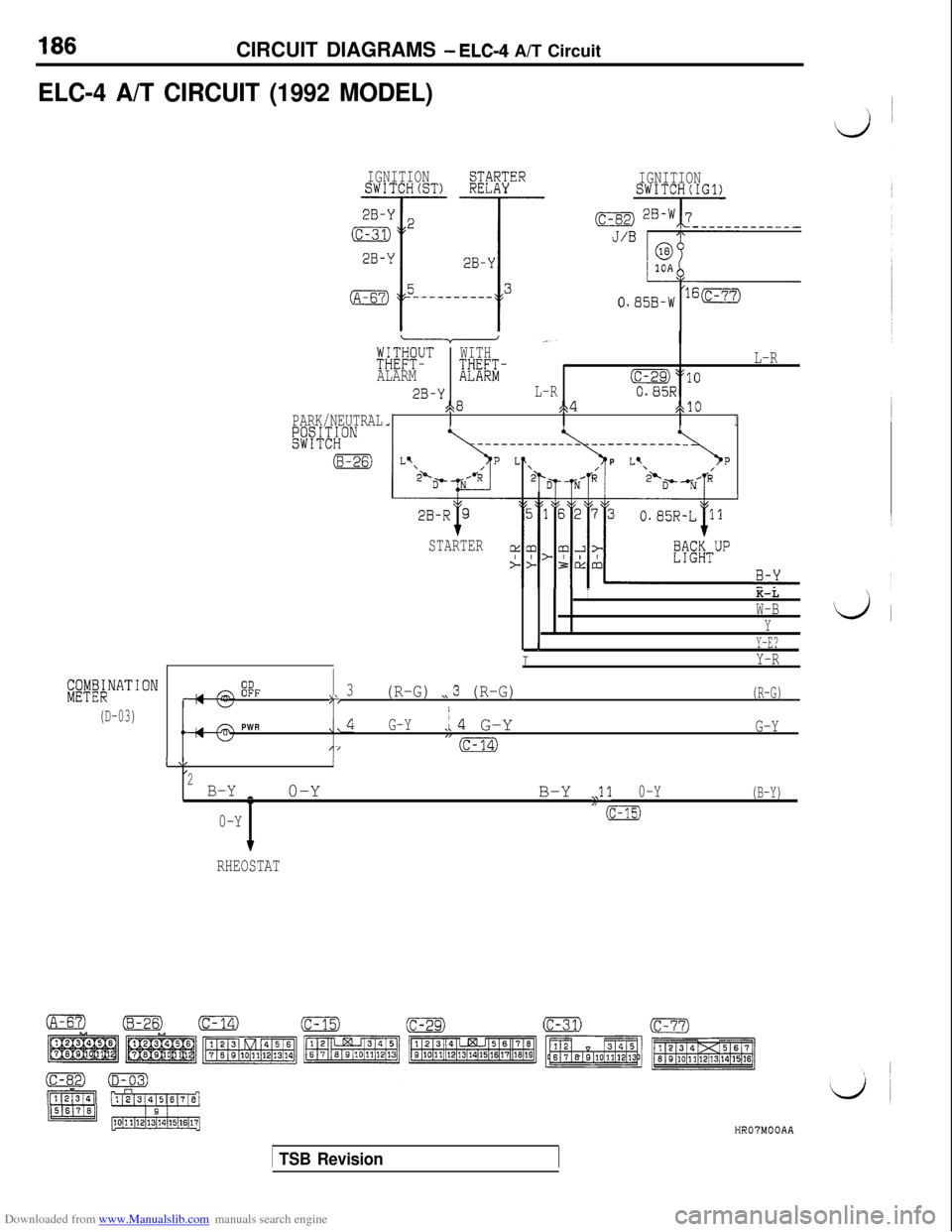 MITSUBISHI 3000GT 1996 2.G User Guide Downloaded from www.Manualslib.com manuals search engine CIRCUIT DIAGRAMS - ELC-4 A/T Circuit
ELC-4 A/T CIRCUIT (1992 MODEL)
IGNITIONSWITCH(ST)IGNITIONSWITCH(IG1)
/
0.850-w160
&!g?!’WITH
Elm-
L-R
AL