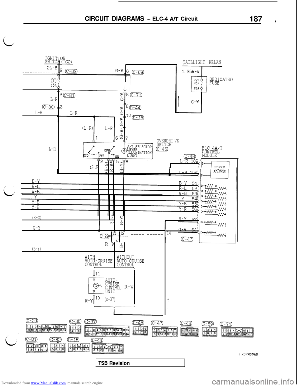 MITSUBISHI 3000GT 1994 2.G Workshop Manual Downloaded from www.Manualslib.com manuals search engine CIRCUIT DIAGRAMS - ELC-4 A/T Circuit187 ,
IGNITSWITC
2L-B-___-__-___--_
10A
L-R
(c-30)
L-R
L-R
IN:IG2)
L-R
OVERDRI
VESWITCH(c-45)&G!K’
L-F%
M