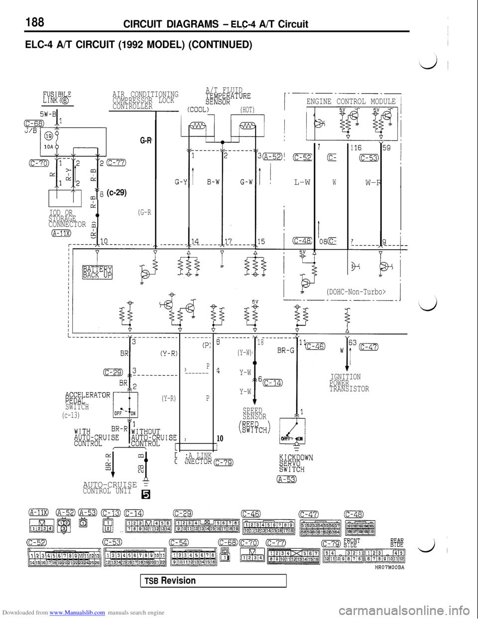 MITSUBISHI 3000GT 1993 2.G Workshop Manual Downloaded from www.Manualslib.com manuals search engine 188CIRCUIT DIAGRAMS - EL(=-4 A/T Circuit
ELC-4 A/T CIRCUIT (1992 MODEL) (CONTINUED)
MGB6 EbAIR CONDITIONINGA/T FLUID
COMPRESSOR LOCK
CONTROLLER