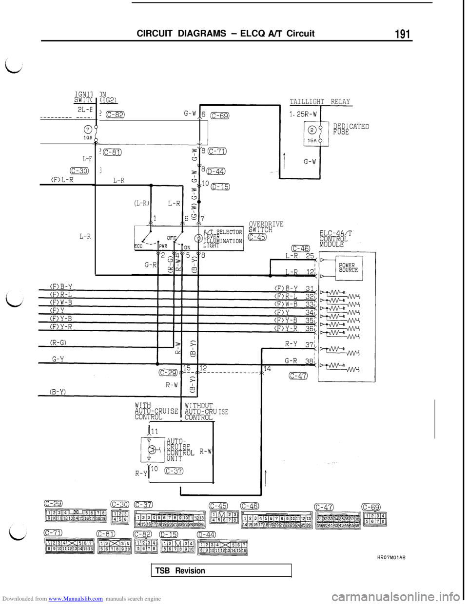 MITSUBISHI 3000GT 1992 2.G Workshop Manual Downloaded from www.Manualslib.com manuals search engine CIRCUIT DIAGRAMS - ELCQ E\TT Circuit191
IGNIlSWIT(
2L-E-------_- ____.
L-F
jc-30)
(F)L-R
L-R
z(c-82)G-W,,6 ic-ss)
3
L-R
(L-R
TAILLIGHT RELAY
OV