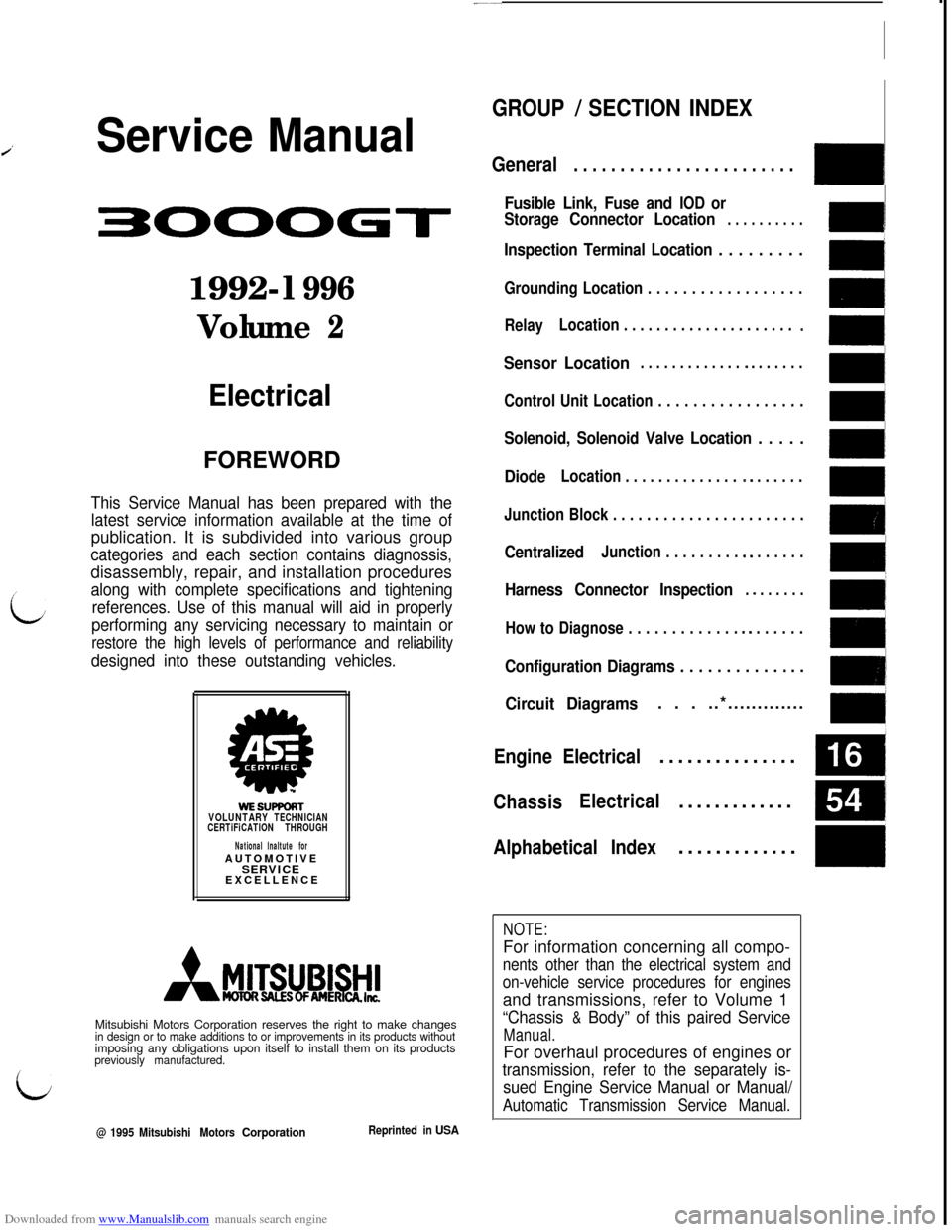 MITSUBISHI 3000GT 1995 2.G Workshop Manual Downloaded from www.Manualslib.com manuals search engine 
i Service Manual
3000~l-
1992-l 996
Volume
 2
Electrical
FOREWORD
i
L
This Service Manual has been prepared with the latest service informatio