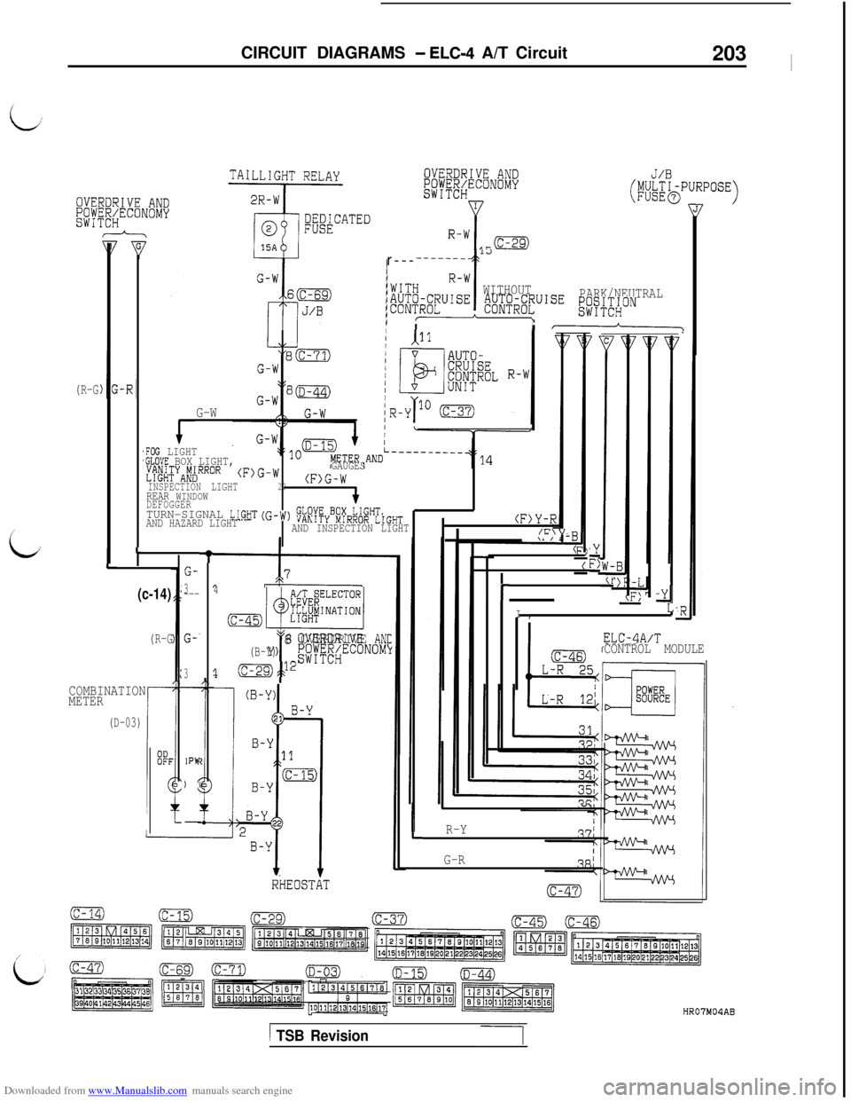 MITSUBISHI 3000GT 1992 2.G Workshop Manual Downloaded from www.Manualslib.com manuals search engine CIRCUIT DIAGRAMS - ELC4 A/T Circuit
203 l
TAI
IL)r----
I/iWITHR-W
,------I \
WITHOUT
PARK/NEUTRAL/$$&$UISE $$$&~"I"" Kl~~I~ONI/1I-
(R-G
G-W
,FO