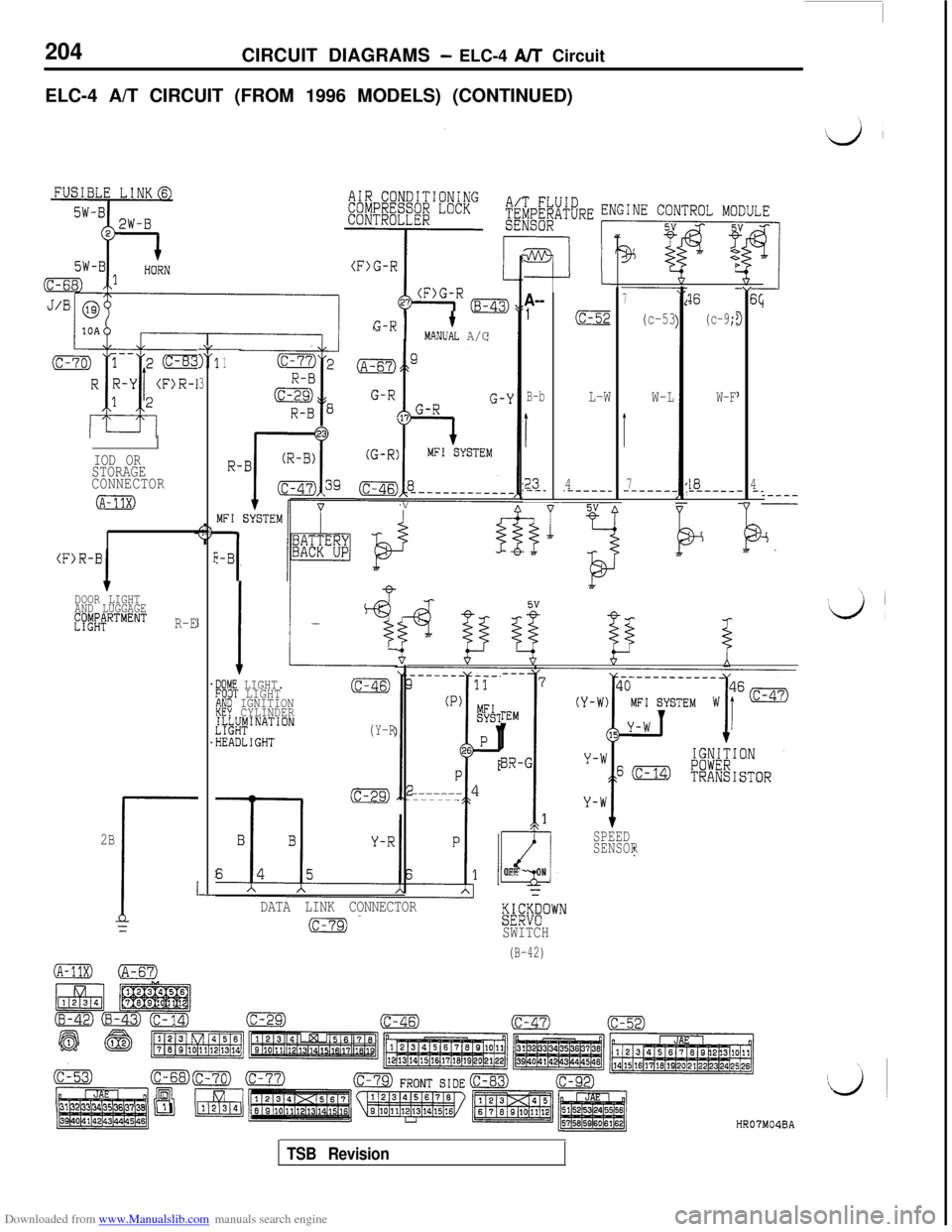 MITSUBISHI 3000GT 1992 2.G Repair Manual Downloaded from www.Manualslib.com manuals search engine 204CIRCUIT DIAGRAMS - ELC-4 A/T Circuit
ELC-4 A/T CIRCUIT (FROM 1996 MODELS) (CONTINUED)
”6C
3
1
4- -_
Ii
5!53-
A--1
B-b
Ia-
!-
I I-IL(c-52
L MITSUBISHI 3000GT 1992 2.G Repair Manual Downloaded from www.Manualslib.com manuals search engine 204CIRCUIT DIAGRAMS - ELC-4 A/T Circuit
ELC-4 A/T CIRCUIT (FROM 1996 MODELS) (CONTINUED)
”6C
3
1
4- -_
Ii
5!53-
A--1
B-b
Ia-
!-
I I-IL(c-52
L