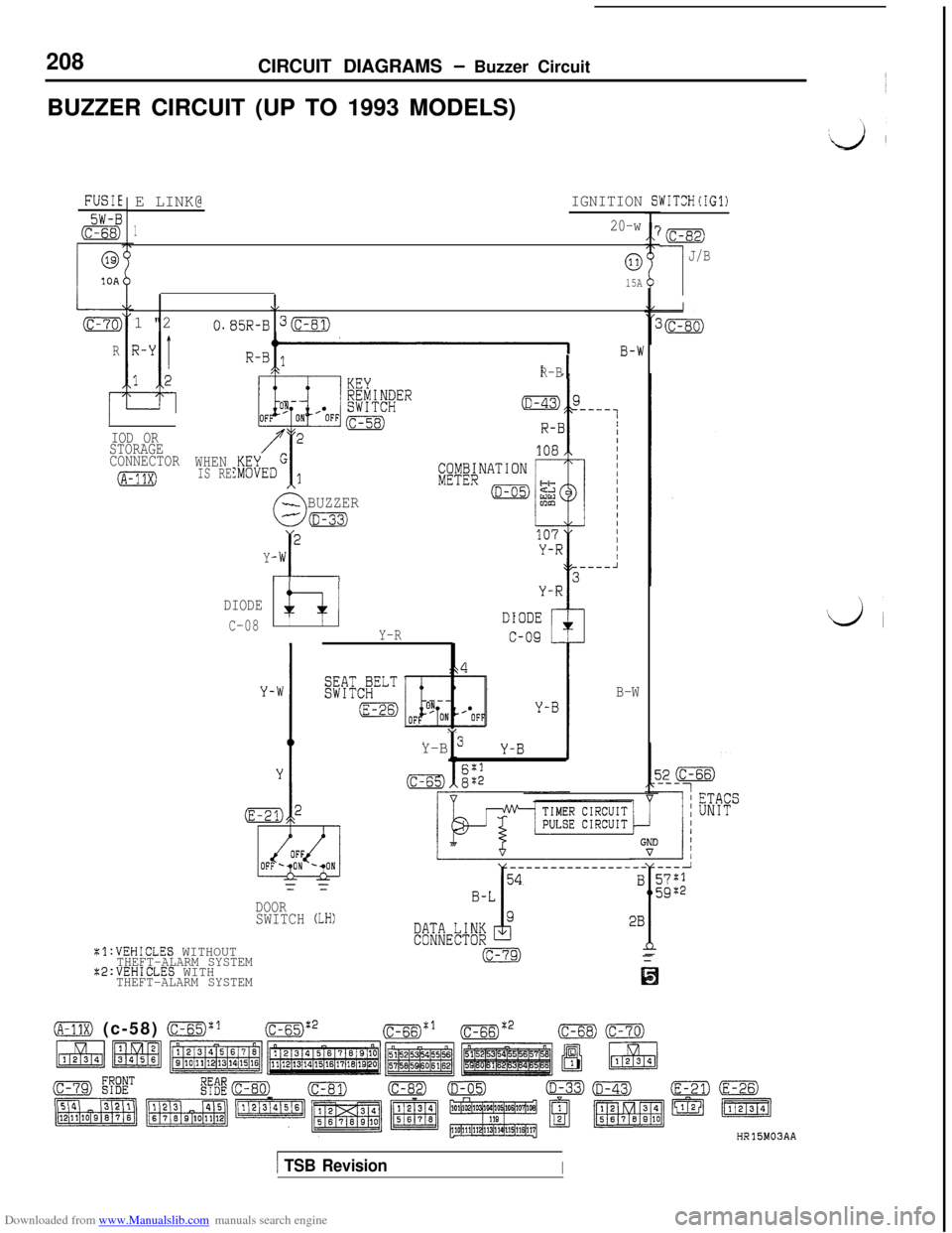 MITSUBISHI 3000GT 1992 2.G Workshop Manual Downloaded from www.Manualslib.com manuals search engine 208CIRCUIT DIAGRAMS - Buzzer Circuit
BUZZER CIRCUIT (UP TO 1993 MODELS)
E LINK@IGNITION SWITCH(IG1)
I120-w
0
15A
‘(c-82)
1
J/B
FUSIE
5W-B(c-6