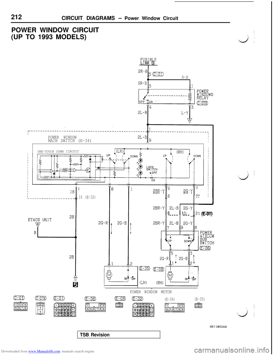 MITSUBISHI 3000GT 1996 2.G User Guide Downloaded from www.Manualslib.com manuals search engine 212CIRCUIT DIAGRAMS - Power Window Circuit
POWER WINDOW CIRCUIT
(UP TO 1993 MODELS)
FUSIB E
hLINK 9
2R-B,3(c-o1)
0R-B
2R-B 5\,,l,\I\
_____---__