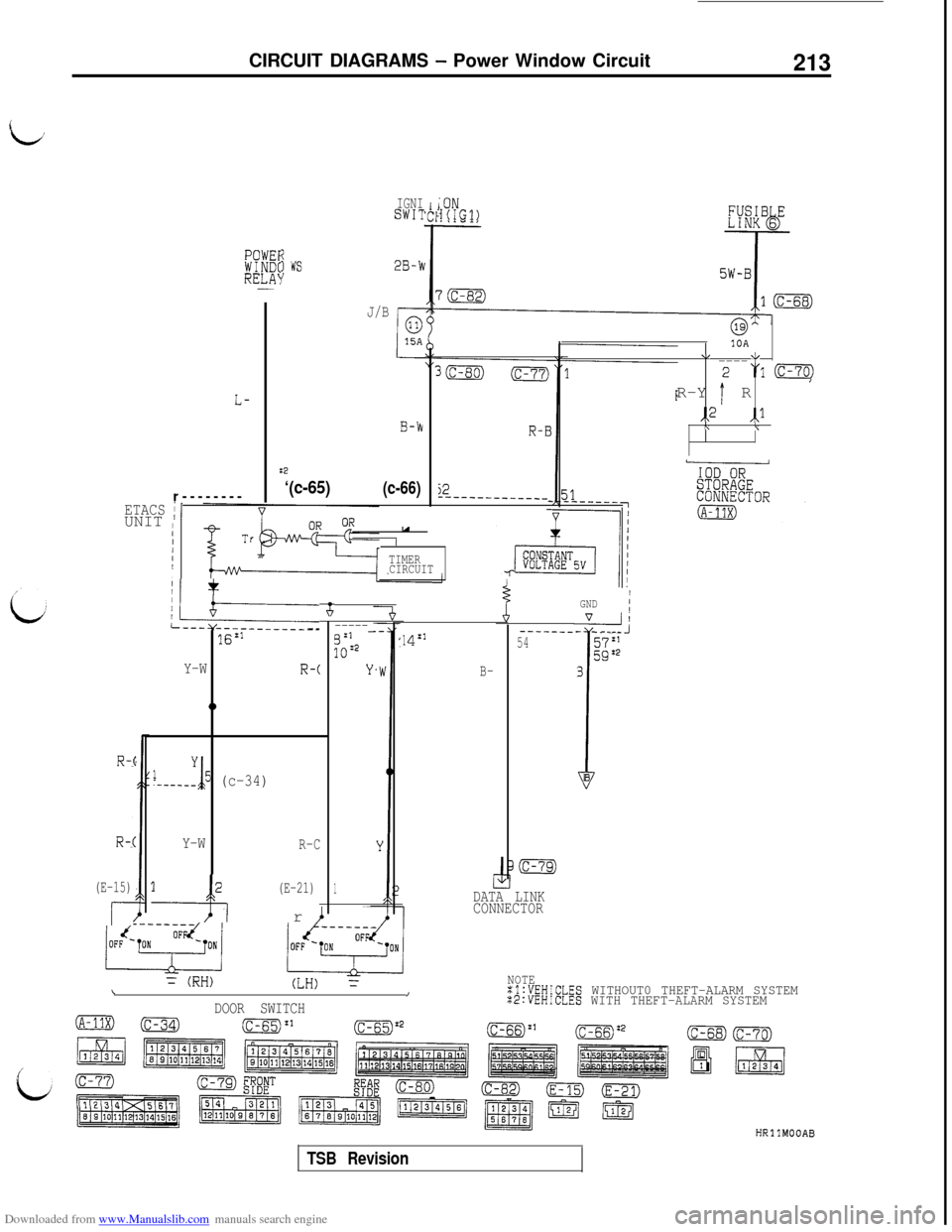 MITSUBISHI 3000GT 1992 2.G Workshop Manual Downloaded from www.Manualslib.com manuals search engine CIRCUIT DIAGRAMS - Power Window Circuit213
IGNISWI-I:ONI(IG1)
j WS2B-rt
J/B
@10A\IV----
“1 (c-70)R-Y 
1 R
,,2,,l\\r--------
‘(c-65)(c-66)