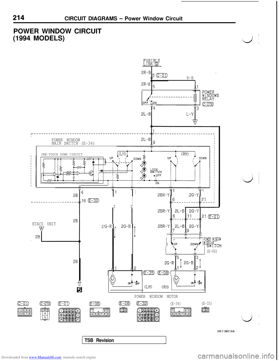 MITSUBISHI 3000GT 1996 2.G User Guide Downloaded from www.Manualslib.com manuals search engine CIRCUIT DIAGRAMS - Power Window Circuit
POWER WINDOW CIRCUIT
(1994 MODELS)~
‘d ~
R-B
2R-B 5,,l\
OFF-&N
14
POWER WINDOW
MAIN SWITCH (E-34)
ONE