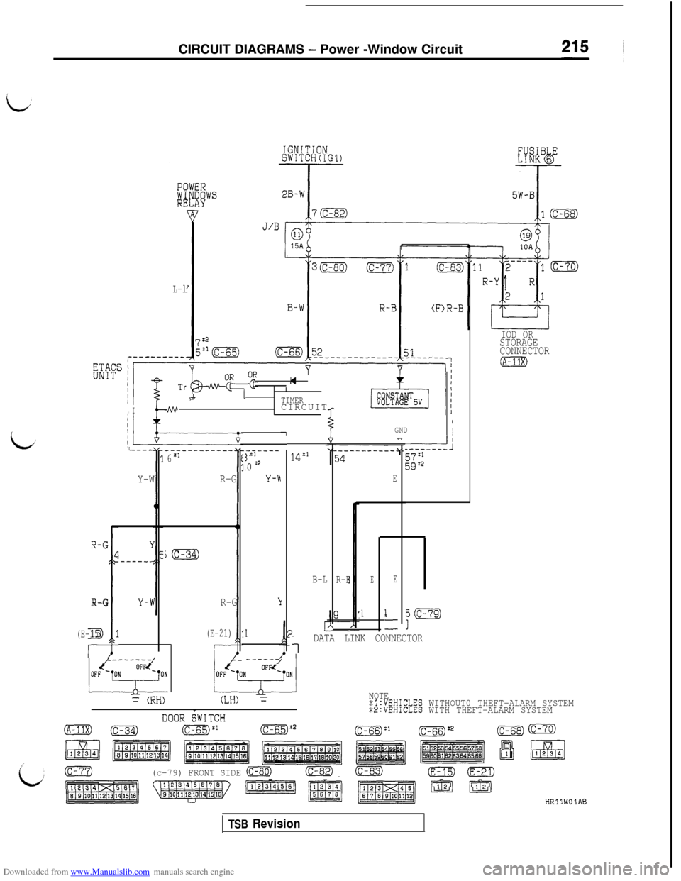 MITSUBISHI 3000GT 1992 2.G Owners Manual Downloaded from www.Manualslib.com manuals search engine CIRCUIT DIAGRAMS - Power -Window Circuit
IOD ORSTORAGE
CONNECTOR
(A-11X)
r
L-l
uRI
7!7TIMER! ICIRCUITIGND,/
id
7
-1_---_--_:1297’2
L----
Y-W
