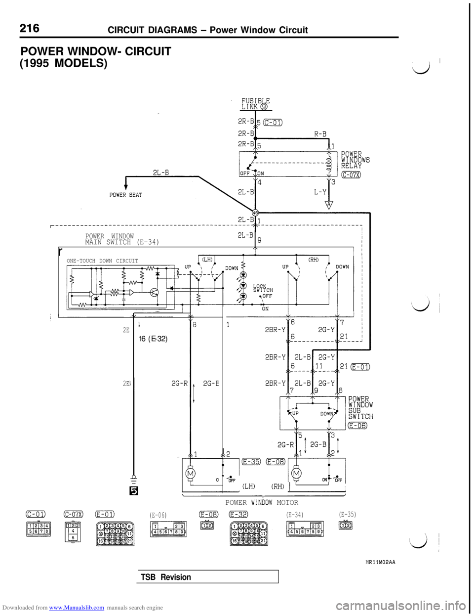 MITSUBISHI 3000GT 1992 2.G Workshop Manual Downloaded from www.Manualslib.com manuals search engine CIRCUIT DIAGRAMS - Power Window Circuit
POWER WINDOW- CIRCUIT
(1995 MODELS)
‘4 ’
POWER WINDOWMAIN SWITCH (E-34)2L-B 9I/I/\/ jr1I iONE-TOUCH
