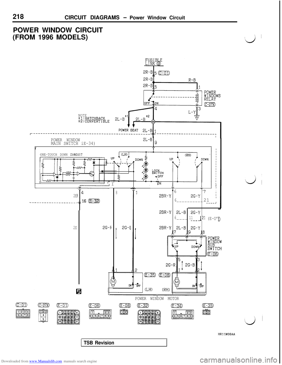 MITSUBISHI 3000GT 1994 2.G Workshop Manual Downloaded from www.Manualslib.com manuals search engine 218CIRCUIT DIAGRAMS - Power Window Circuit
POWER WINDOW CIRCUIT
(FROM 1996 MODELS)
lij 1
NOTE:l:HATCHBACKX2:CONVERTIBLE
2R-B
212L-B:2r---------