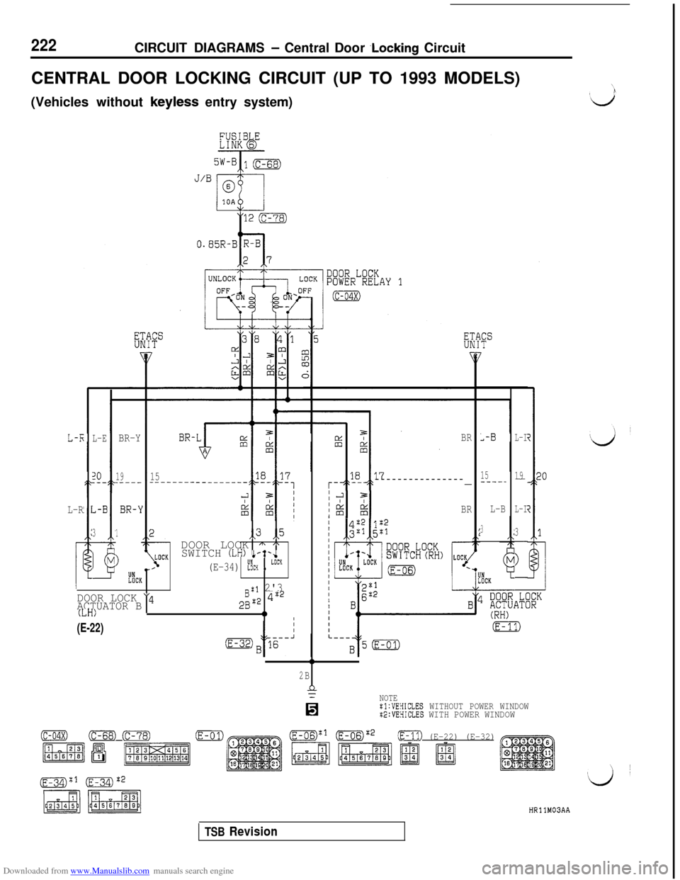 MITSUBISHI 3000GT 1994 2.G Workshop Manual Downloaded from www.Manualslib.com manuals search engine 222CIRCUIT DIAGRAMS - Central Door .Locking Circuit
CENTRAL DOOR LOCKING CIRCUIT (UP TO 1993 MODELS)
(Vehicles without keyless entry system)
L-